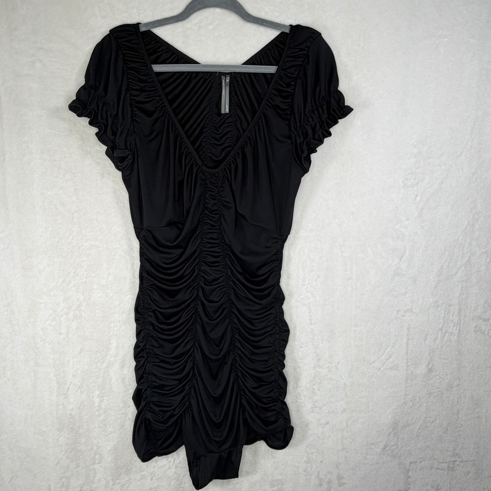 Anthropologie Ruched Bodycon Bodysuit Women XL Black V-Neck Cap Sleeve
